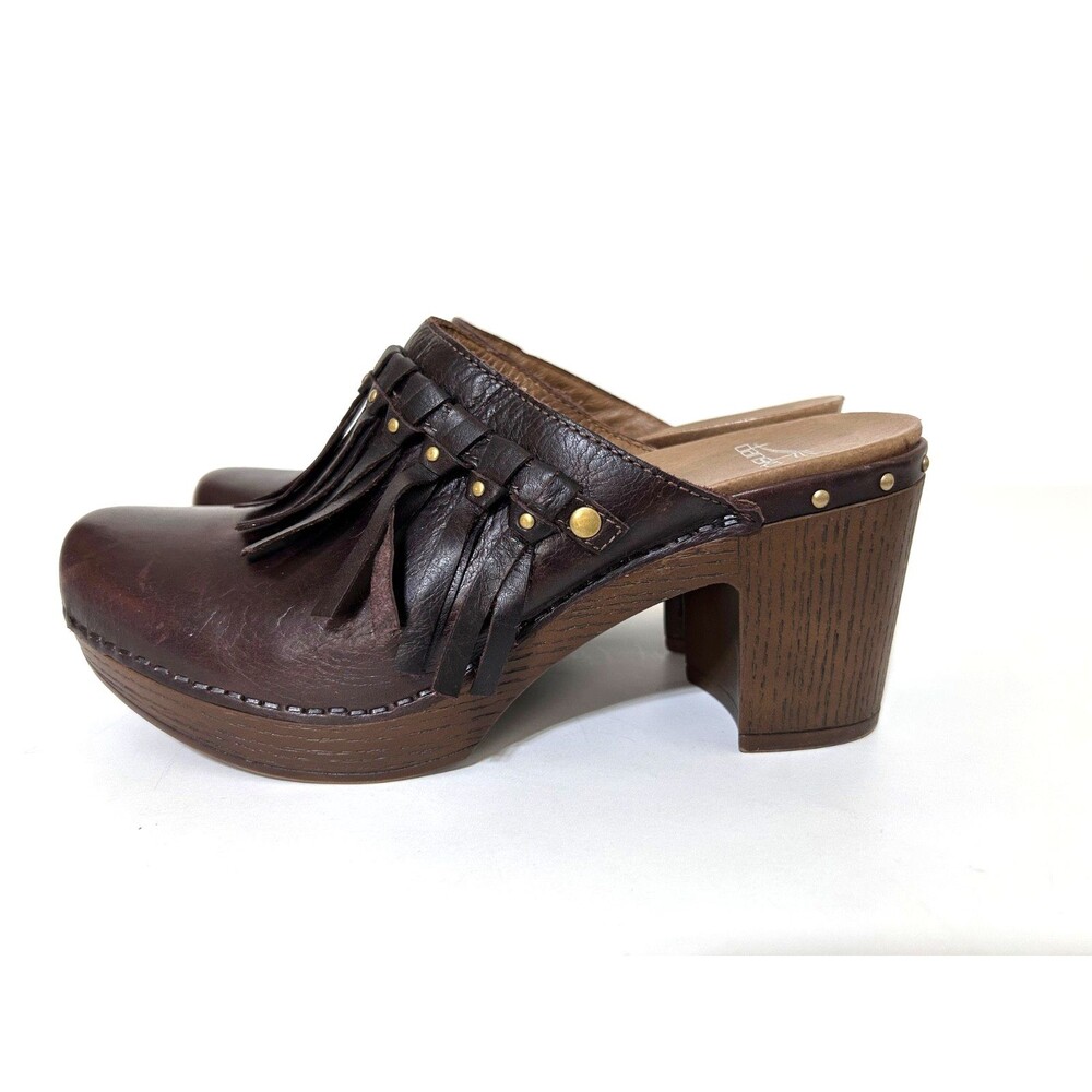 Dansko Deni Women's‎ 40 9.5-10 Mule Brown Clog Leather Fringe Shoes Slip On h